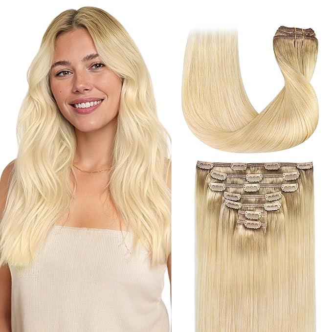GOO GOO Clip in Hair Extensions Real Human Hair, Remy Human Hair Extensions Clip ins for Women, Natural Human Hair, 14inch 120g 7Pcs, #R7/60F