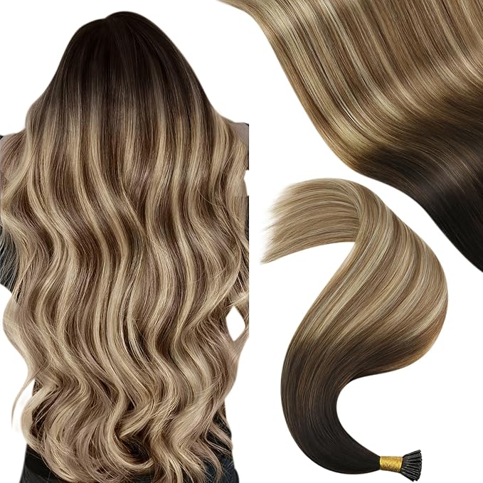 YoungSee I Tip Extensions Brown Balayage 22In Human Hair I Tip Extensions Ombre Dark Brown to Blonde with Brown I Tip Hair Extension Human Hair For Women 50s 50g Cold Fusion Hair Extension