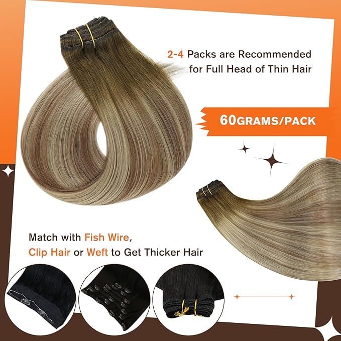 Full Shine Ombre Hair Extensions Clip in Human Hair Dark Brown Roots Ash Brown Mix Medium Blonde Lace Weft Clip in Hair Extension for Women 18 Inch 3 PCS 60 G