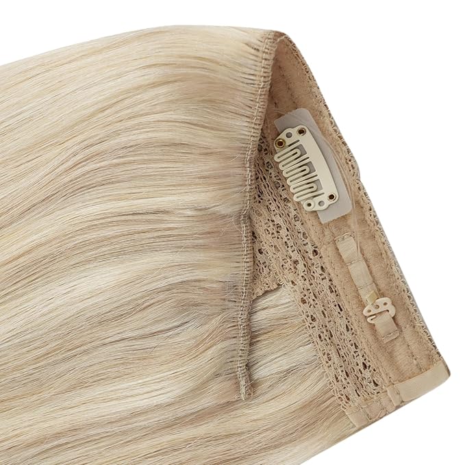 YoungSee Invisible Wire Hair Extensions Blonde Wire Human Hair Extensions Ash Blonde Highlights Bleach Blond Human Hair Fish Line Extensions Short Straight Hair 12inch 70G
