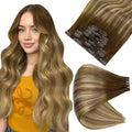Full Shine Clip in Human Hair Extensions Balayage Seamless Clip ins Brown to Caramel Blonde and Platinum Blonde and Light Brown Hair Extension Clip ins 16 Inch 8 PCS 120 G