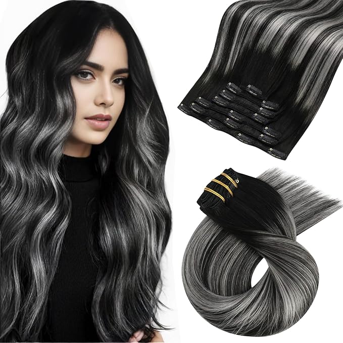 Moresoo Silver Grey Hair Extensions Real Human Hair Clip ins Balayage Natural Black to Silver Clip in Hair Extensions for Volume Remy Human Hair Long Straight Can Be Curled Full Head 120g/7pcs 18in