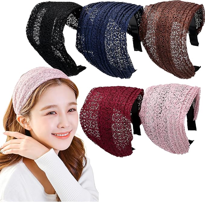 LONEEDY 5 Pack Wide Hard Headband with Teeth for Women, Girls’s Hair Band Pleated Cloth Fabric Hair Hoop Accessories (Mixed colors E)