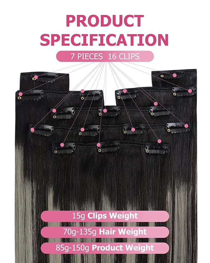 YoungSee 150G Clip in Human Hair Extensions Black Ombre Clip in Extensions Natural Black and Silver Balayage Clip in Hair Extensions Real Human Hair Easy to Wear 20Inch 7Pcs