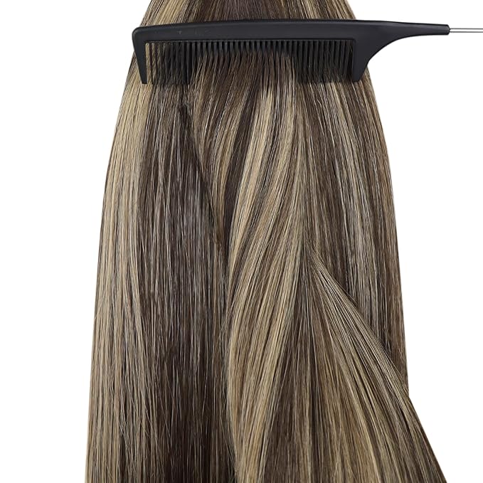 YoungSee Nano Ring Hair Extensions Ombre Brown 24Inch Nano Extensions Human Hair Balayage Dark Brown with Caramel Blonde Nano-Bead Hair Extension Long for Wedding 50G/S