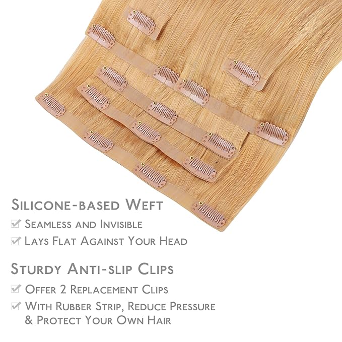WENNALIFE Seamless Clip In Hair Extensions Human Hair, 20 Inch 150g 7pcs Strawberry Blonde Real Hair Extensions Clip in Human Hair Invisible PU Skin Weft Natural Remy Human Hair Extensions