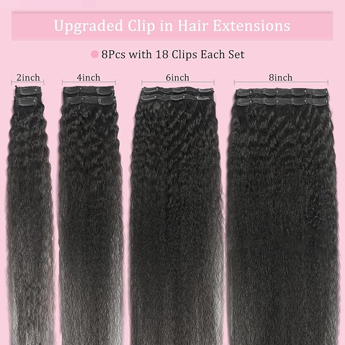 Kinky Straight Clip in Hair Extensions Human Hair Clip in Extensions 110g Clip Ins for Black Women 8Pcs/Pack Double Weft Full Head Natural Black Hair Extensions Human Hair（16Inch）