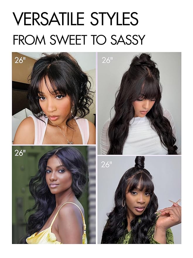 LUVME HAIR 7x6 HD Lace All-Day Comfort Wig with Bangs 200% Density Hair PartingMax Lace Wigs Loose Body Wave Lace Front Wigs Human Hair Pre Cut Plucked Lace Frontal Glueless 24 Inches