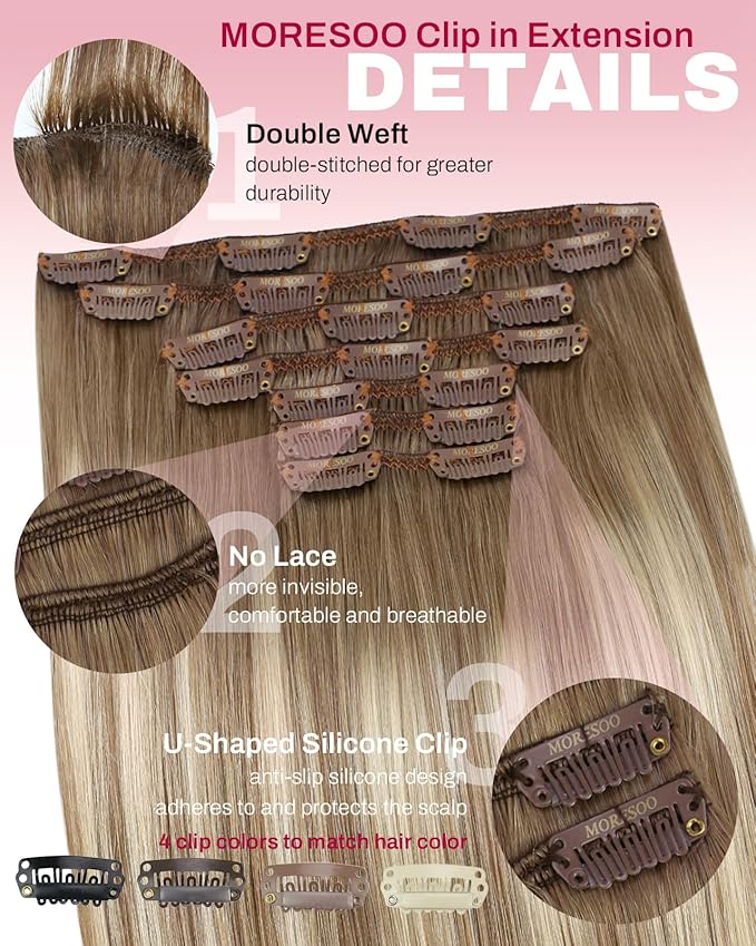 Moresoo Clip in Hair Extensions Ombre Light Brown Mixed with Golden Blonde Hair Extensions Real Human Hair Clip ins Balayage Double Weft 7pcs/135g 18inch