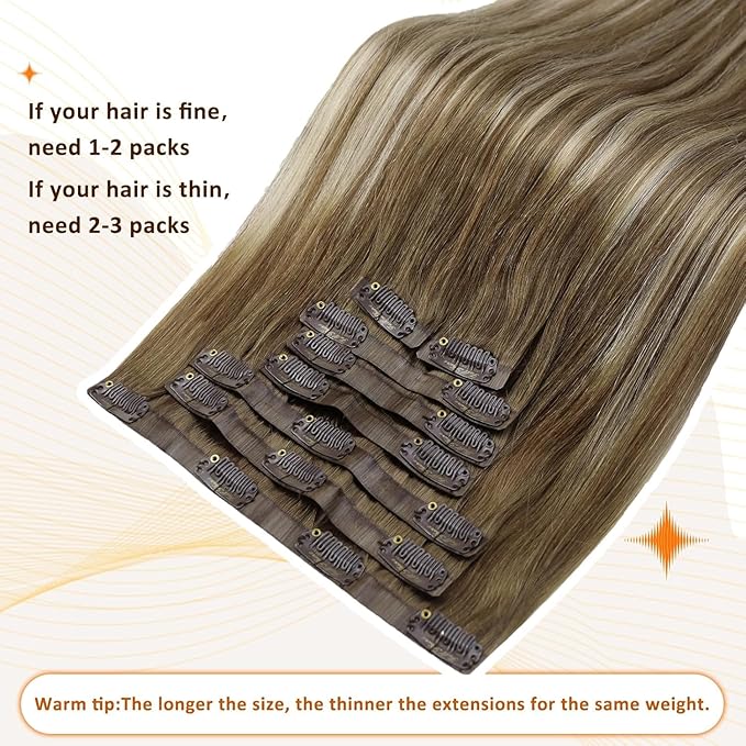 Full Shine Balayage Clip in Hair Extensions Real Human Hair Chestnut Brown to Platinum Blonde Hair Extensions Clip ins with PU Weft for Women 20 Inch 120 G 8 PCS
