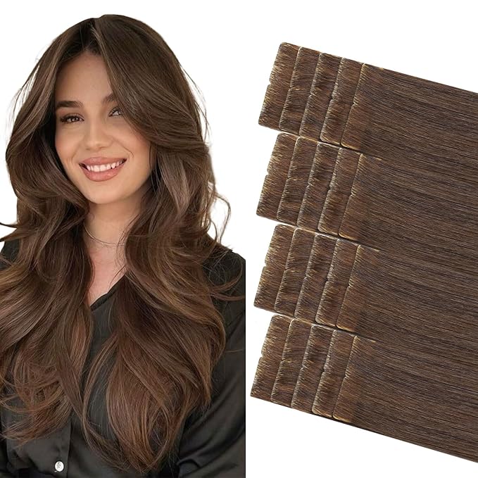 COOKAYU Invisible Tape in Hair Extensions Real Human Hair, Injected Tape in Extensions Medium Brown 16Inch 35g 20pcs Seamless Invisi Edge