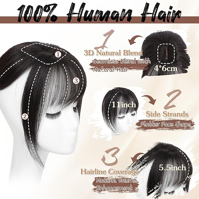 Hair Toppers for Women Real Human Hair - 360° Coverage Brown Black Clip In Topper with Bangs for Thinning Hair Upgraded 4×6 cm Silk Base Ideal for Everyday Use