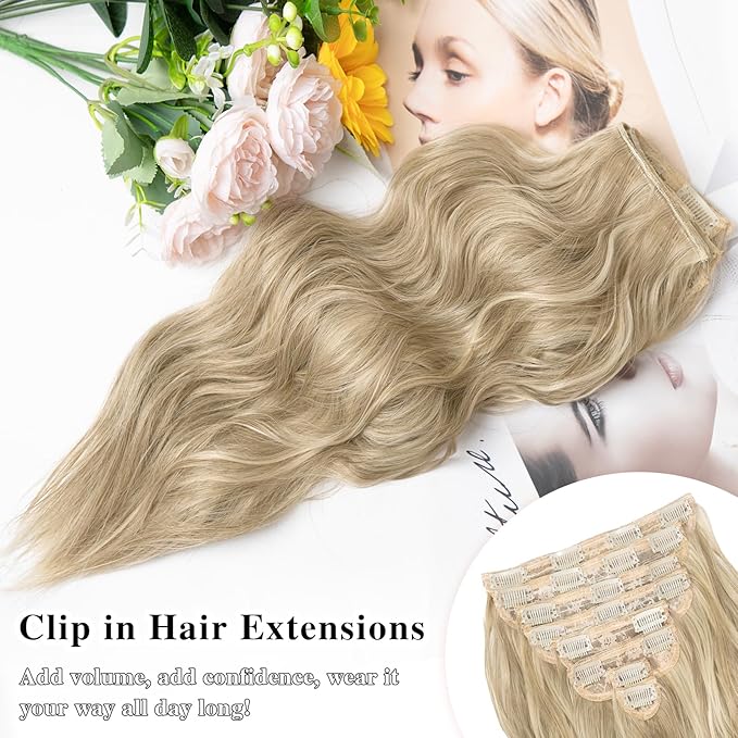 Clip in Hair Extensions for Women, 8PCS 20 Inch Wavy Ash Blonde Mixed Light Blonde Hair Extensions Clip Ins Mix Blonde, Synthetic Long Hairpieces for Women