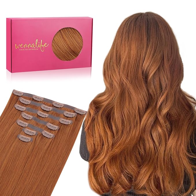 WENNALIFE Seamless Clip In Hair Extensions Human Hair, 16 Inch 130g 7pcs Dirty Ginger Real Hair Extensions Clip in Human Hair Invisible PU Skin Weft Natural Remy Human Hair Extensions