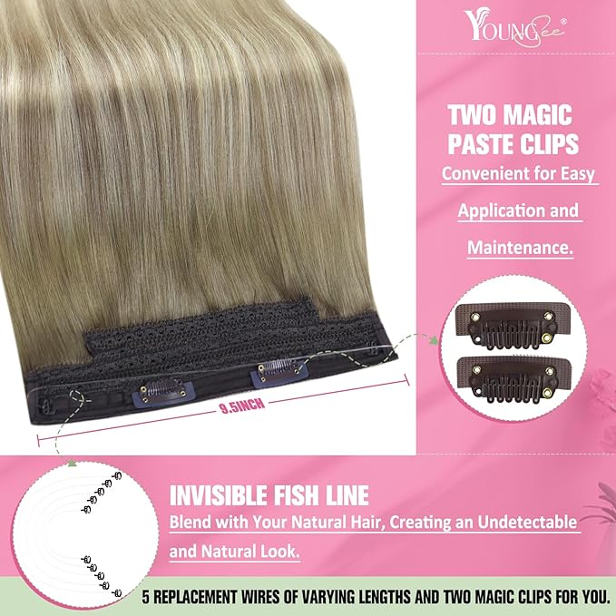 YoungSee Wire Hair Extensions Real Human Hair Ash Blonde Wire Human Hair Extensions Balayage Ash Mix Platinum Blonde One Piece Hair Extension with Extra Clips for Women 16inch 80g