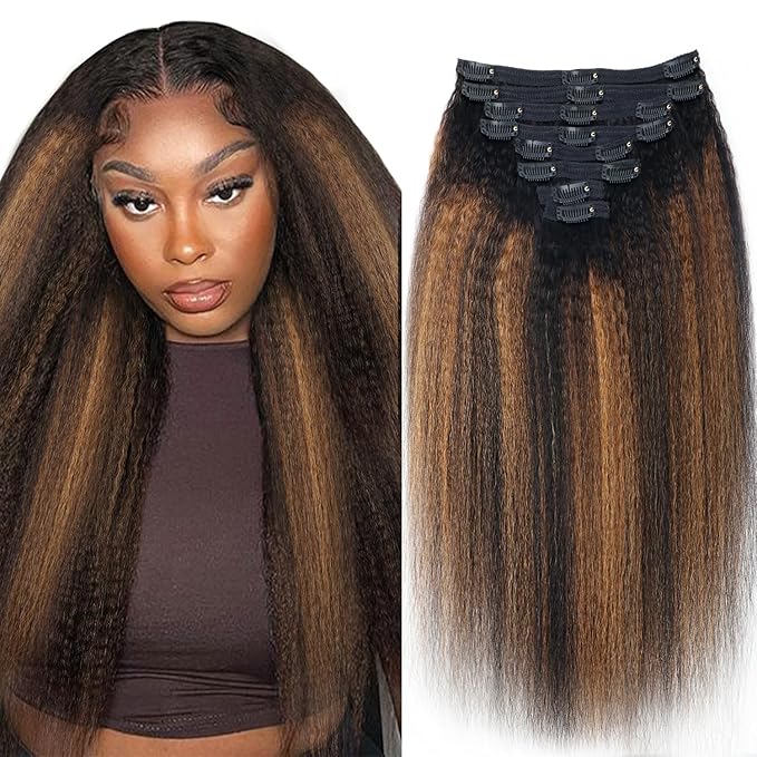 T1BP1B/30 Kinky Straight Clip in Hair Extensions Real Human Hair Colorful Omber Kinky Straight Clip ins 12 Inch Clip on Hair for Full Head, Wear and Go Kinky Clip ins