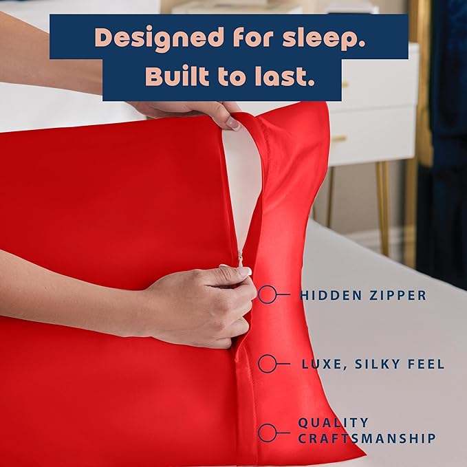 BLISSFORD Satin Pillowcase with Zipper, for Hair and Skin Care, Feels Soft and Cool Like a Silk Pillowcase, Red Satin Pillow Cases Set of 2, Slik Pillow Cover, King Size - 2 Pack