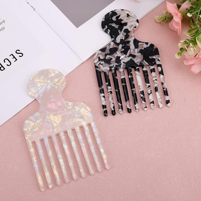 2pcs Wide Tooth Hair Pick for Afro, Smooth Pick Lift Comb, Hair Styling Tools for Men & Women Detangling and Volumizing Long Thick or Short Curly Wavy (Black, White)
