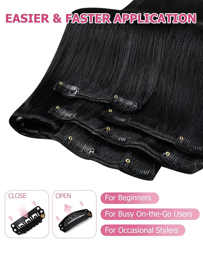 YoungSee 85G Clip in Human Hair Extensions Black Short Human Hair Clip in Extensions Jet Black Clip ins Hair Extension Real Human Hair Natural Short Hair Extension for Women 12Inch 7Pcs