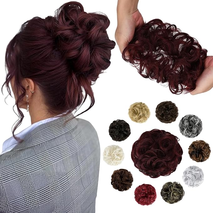 Messy Bun Hair Piece Wavy Curly Scrunchies Fluffy Donut Thick Updo Elegant Chignon Hairpieces for Women Girls, Grape Red 1.4oz