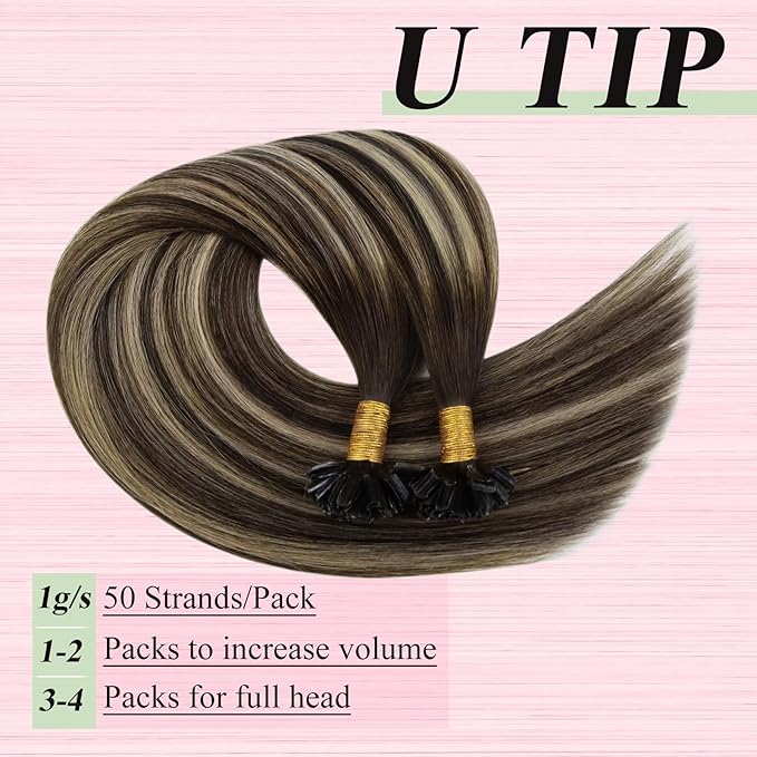 YoungSee U Tip Hair Extensions Human Hair Ombre Dark Brown Mixed Ash Blonde U Tip Real Hair Extensions Ombre Hot Fusion 16In 1G/S 50G