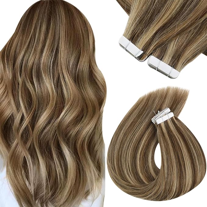Sunny Hair Tape in Hair Extensions Human Hair 22 Inch Hair Extensions Real Human Hair Tape in Extensions for Women Medium Brown Highlights Caramel Blonde Remy Hair Straight Skin Weft 40pcs 100g