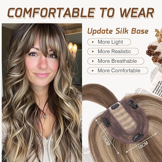Rich Choices Real Human Hair Toppers for Women With Bang 100% Remy Human Hair Topper for Thinning Hair Clip in Silk Base Hair Topper 6 Inch #4P27 Medium Brown Mix Dark Blonde