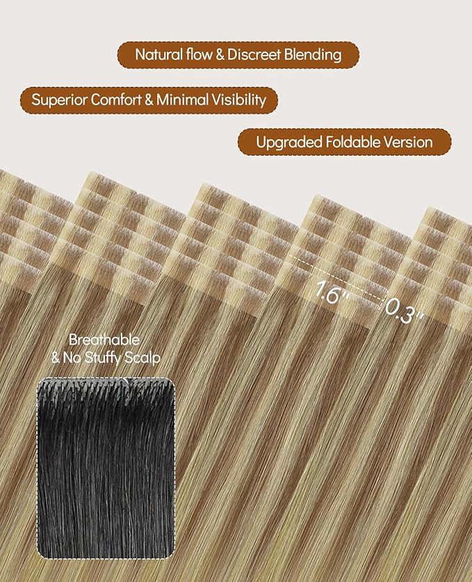 VINBAO Invisi Edge Hair Extensions Real Human Hair Tape in, Balayage Ash Brown to Caramel Blonde, 55g 20pcs Seamless Injected Tape in Human Hair Extensions 20inch #10/16/16