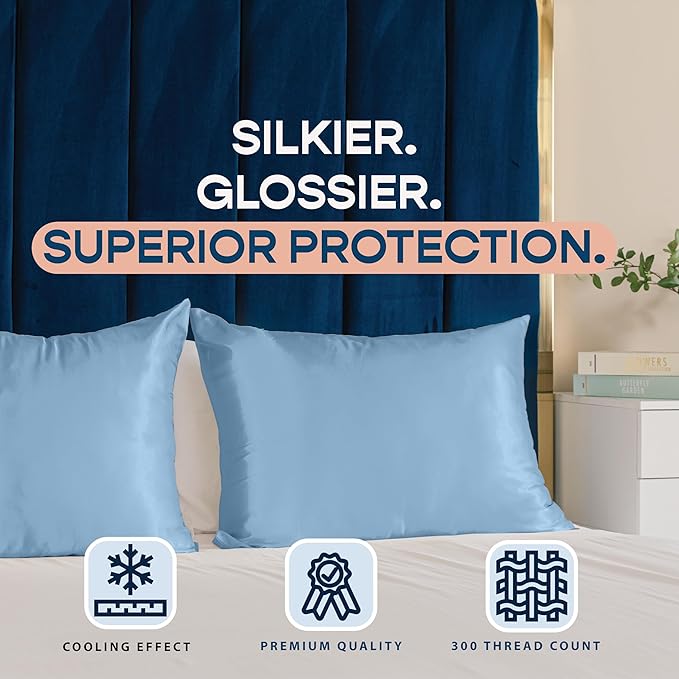 BLISSFORD Luxury Satin Pillowcase for Hair – Queen Satin Pillowcase with Zipper, Jewel Blue (Pillowcase Set of 2)