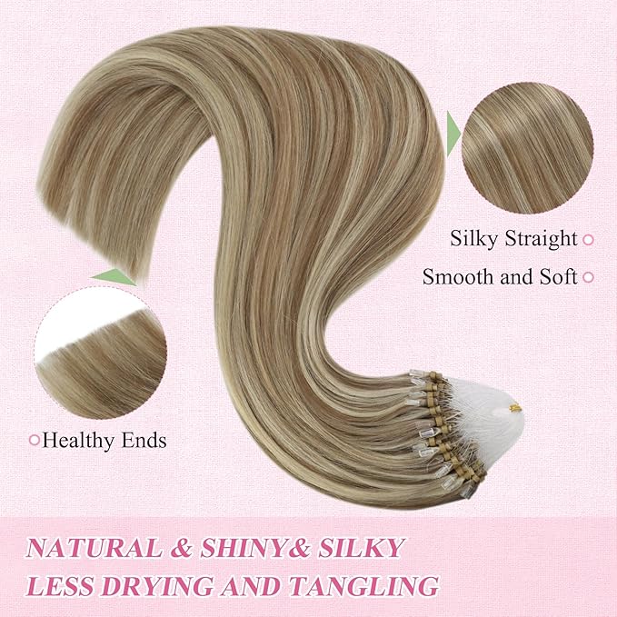 YoungSee Micro Bead Hair Extensions Highlight Microlink Hair Extensions Human Hair Light Brown Highlight Blonde Microbead Hair Extension 14In 50s 50g Beaded Hair Extension Soft for Short Hair