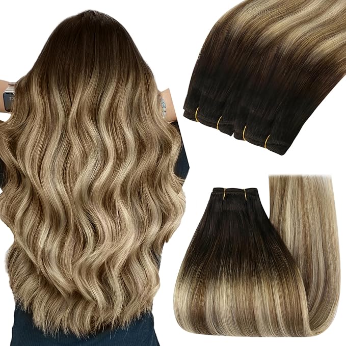 YoungSee Sew in Hair Extensions Real Human Hair Ombre Hair Extensions Weft Dark Brown Roots to Medium Brown with Blonde Balayage Soft Hair Extension Sew in for Full Head 100G 18Inch