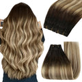 YoungSee 130g Sew in Hair Extensions Real Human Hair Dark Brown Ombre Medium Brown with Blonde Balayage Weft Hair Extensions Ombre Sew in Bundles Human Hair for Women 24Inch