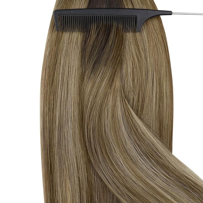 YoungSee Nano Hair Extensions Brown Remy Nano Ring Extensions Human Hair Balayage Dark Brown with Blonde 24Inch Nano-Bead Extension Real Human Hair Invisible blend 1g/s 50g