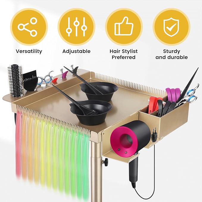 Hair Salon Carts, Champagne Gold Salon Tray for Hair Stylist, Multi-Function Salon Tray, Salon Station(with Wheels), Large Size and Robust,Corrosion-Resistant Adjustable Color Tray.