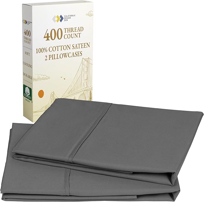 California Design Den Standard Queen Size Pillowcase Set - 400 Thread Count, 100% Cotton Sateen, Set of 2 Pillow Covers, Soft and Breathable - Grey Size