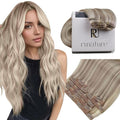 RUNATURE Human Hair Clip in Extensions, Long Clip in Hair Extensions Real Human Hair Blonde, Straight Remy Natural Hair, Add Length, 22 Inch 120g 7pcs #19P60 Grey Blonde Highlights