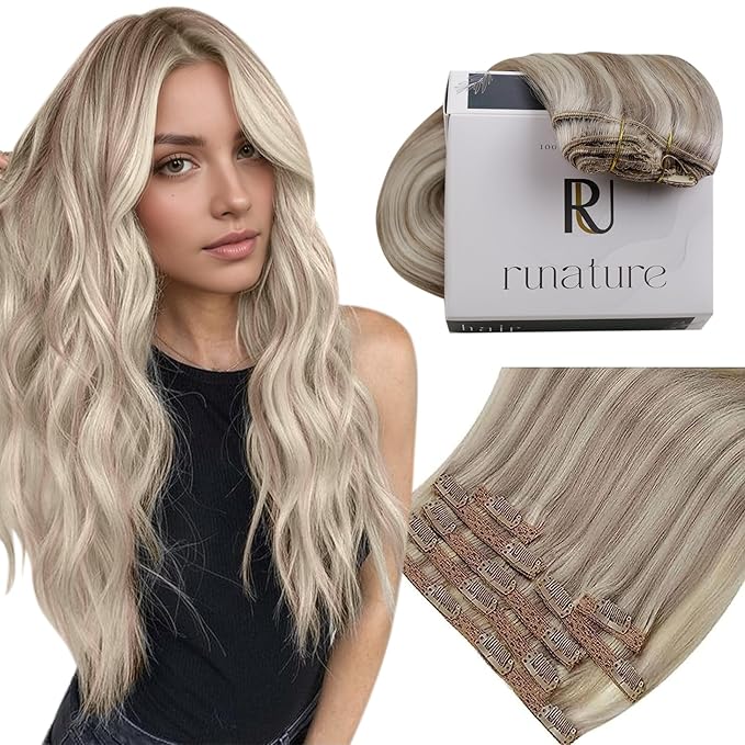 RUNATURE Clip in Hair Extensions Real Human Hair, Double Weft Human Hair Clip in Extensions, Straight Blonde Hair Remy Soft, Add Volume, 16 Inch 120g 7pcs #19P60 Grey Blonde Highlights
