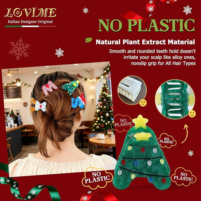 XMAS Original Italian Designed Small Hair Clips for Women, Strong Grip Acetate Hair Claw for Girls, Cute Christmas Tree, Reindeer Hair Accessories With Gift Box