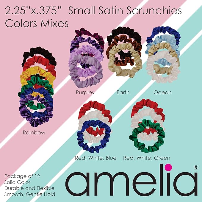 Amelia Beauty, Pink Satin Small Scrunchies, 12-Pack – No Damage Hair Ties for Women, Gentle & Durable Hair Accessories, 2.5in x 0.5in