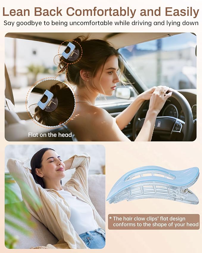 Mesovor 4 Pack French Flat Hair Clips for Women, 3.74" Nonslip Stylish Round Duckbill Lay Flat Hair Claw | Side Slide Volume Flat Hairclips for Lying Down, Yoga, Driving (Mermaid Stripes)