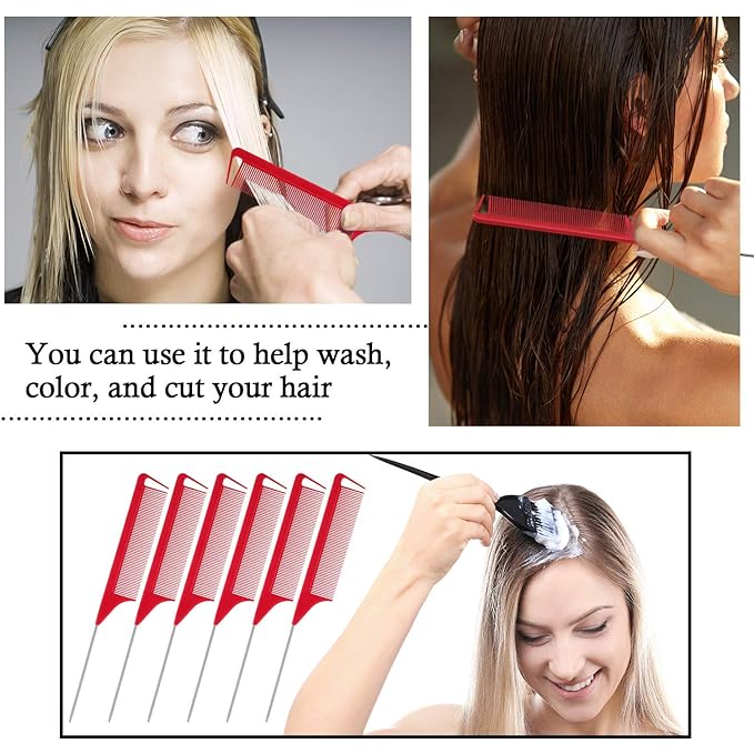 Patelai 30 Pieces Rat Tail Combs Bulk, Hair Teasing Fine Tooth Pintail Combs Braiding Hair Styling Tools with Steel Pin for Stylists Salon Teasing Sectioning Coloring Detangling(Red)