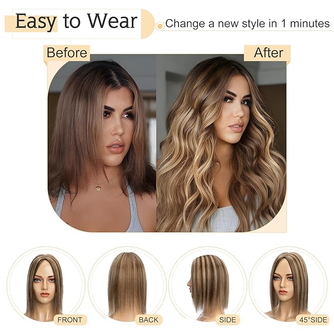 SEGO Human Hair Toppers for Women With Thinning Hair, 7 * 13CM Silk Base 100% Real Human Hair Clip in Top Wiglet Hairpieces -14 Inch No Bangs Medium Brown&Dark Blonde