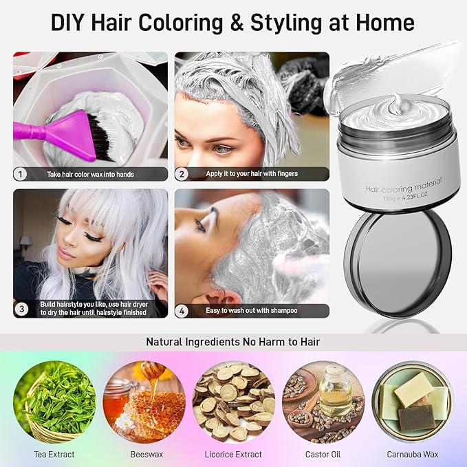White Temporary Hair Dye,Temporary Hair Color Wax,Natural Washable Hair Dye Temp Hair Color for Women Men Kids Party Cosplay Halloween