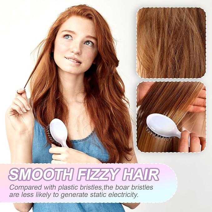 Mini Boar Bristles Hair Bursh, Travel Size Hair Brush for Women Men Kids, Protable Small Hair Brushes for Pockets Purses, Mini Hair Brush for Smooth Add Shine (1 Pack-White)