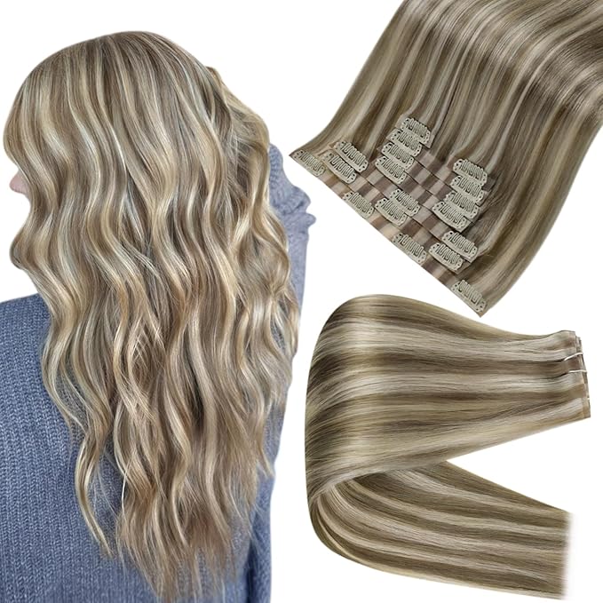 Full Shine Seamless Hair Extensions Clip in Brown Highlights Ash Brown Mix Platinum Blonde Clip in Hair Extensions Thick Ends Ease of Use 16 Inch 8 PCS 120 Grams