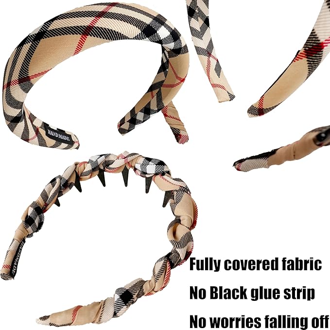 LONEEDY 5PCS Plaid Padded Headband for Women Teen Girls,Vintage Cotton Bow Headbands with Teeth Comb, Zig Zag Hairbands
