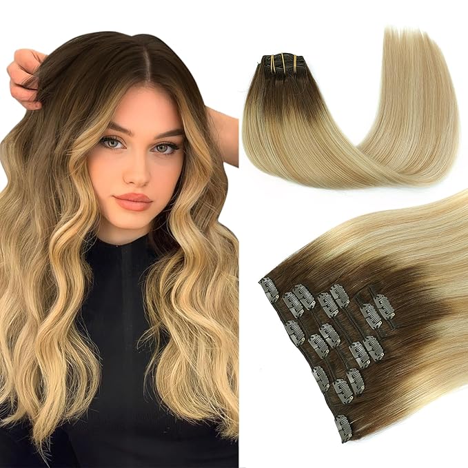 PINKPEARL Clip in Hair Extensions Real Human Hair, Remy Human Hair Extensions Clip ins, 20inch 120g 7Pcs, #4/27/60 Balayage Chocolate Brown to Caramel Blonde and Platinum Blonde(#4/27/60-20)