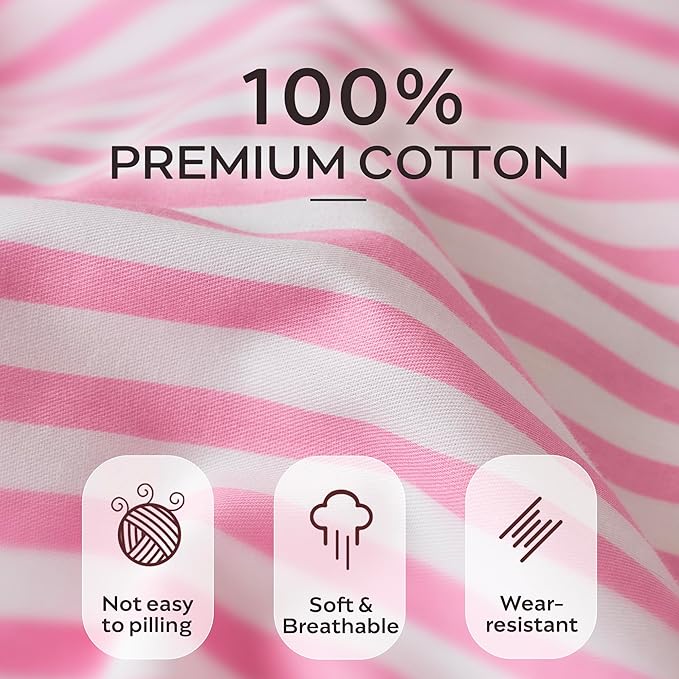 JELLYMONI 100% Natural Cotton Striped Standard Pillowcases Set, 2 Pack Pink Striped Pattern Printed Pillow Covers with Envelope Closure(Pillows are not Included)