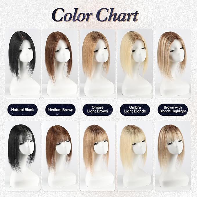 starluck Human Hair Toppers for Women Real Human Hair With Bangs 4 * 5.5 inch Base 12 inch SilkHug Hair Topper for Women Cover Grey Roots(Medium Brown)