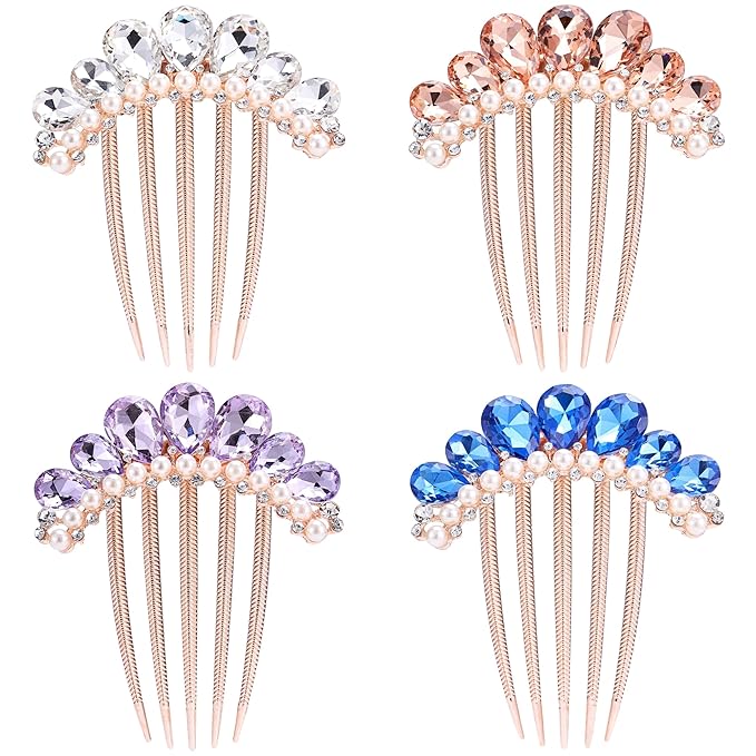 SINIDE Hair Side Comb Crytal Barrettes Pins for Bridal, 5 Teeth Butterfly Rhinestone Hair Clips Wedding Decorations Tools for Bridesmaids Women Fashion Headpieces Styling Accessories (4 Pack)
